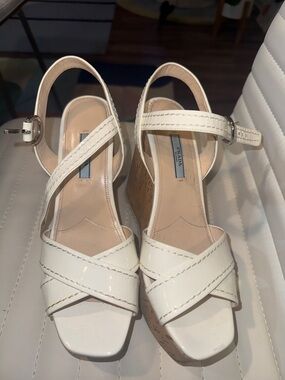 Prada Cream Patent Leather Cross-Strap Wedge Sandals
